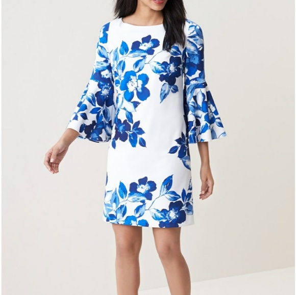 Eliza J Blue White Floral Bell Sleeve 